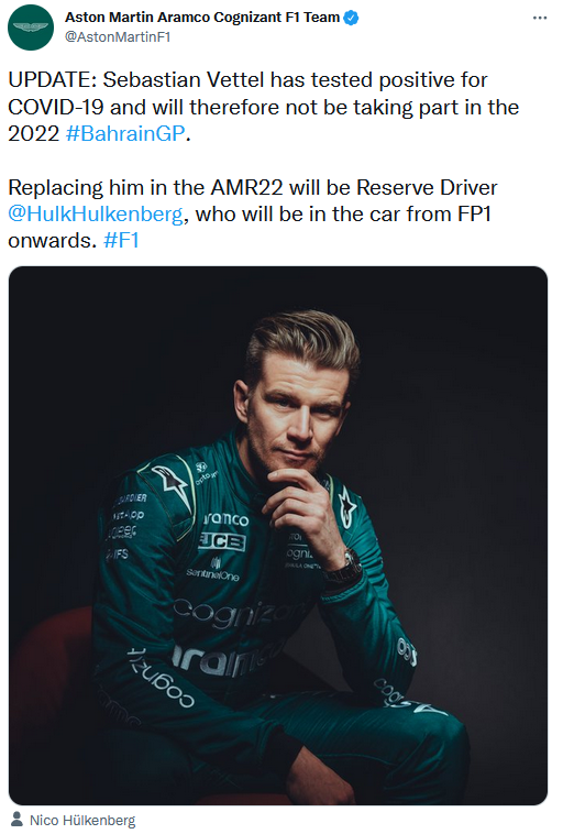 Aston-martin-kommunicerade-att-Vettel-missar-premiären-i-Bahran-2022