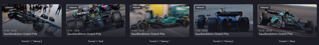 Bild från ViaPlay med TV-tider inför Saudiarabien Grand Prix 2023