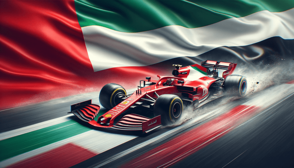 En Ferrari framför Dubais flagg symboliserar att Leclerc var snabbast i FP2 - AI genererad.