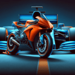 Orange MC och blå F1 bil - Ai genererad