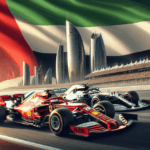 Mercedes & Ferrari på racingbanan i Abu Dhabi med byggnader i bakgrunden
