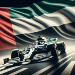 Mercedes F1 bil med Dubais flagga i bakgrunden - AI genererad