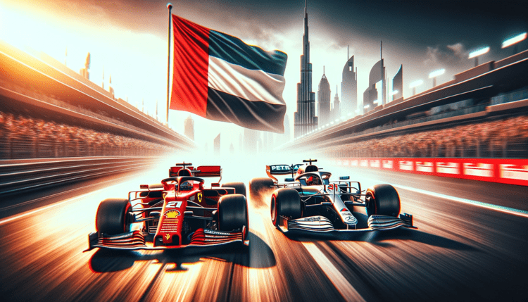 En Mercedes och en Ferrari med Abu Dhabis flagga i bakgrunden. Ai genererad
