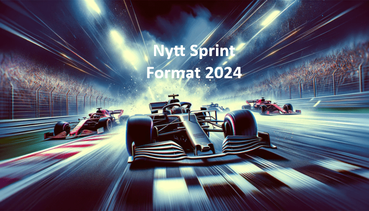 F1 bil stormar mot mållinjen med texten nytt sprint format 2024