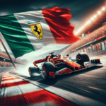 En Ferraribil susar förbi på en stadion med italiensk flagga. (AI-genererad)