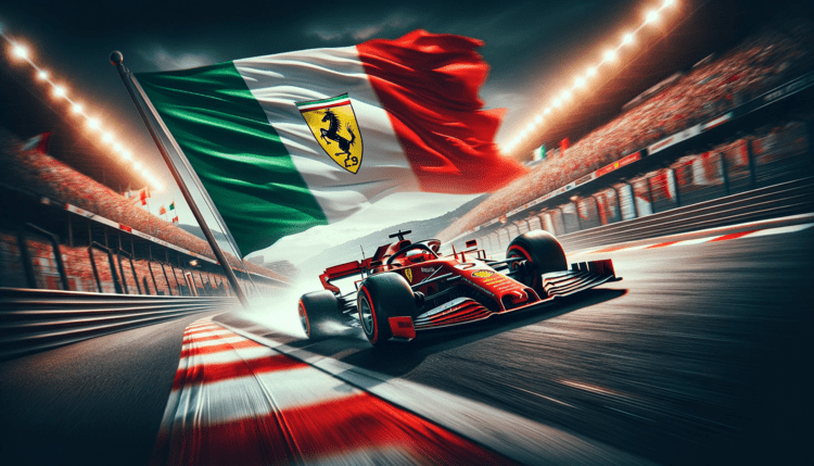 En Ferraribil susar förbi på en stadion med italiensk flagga. (AI-genererad)
