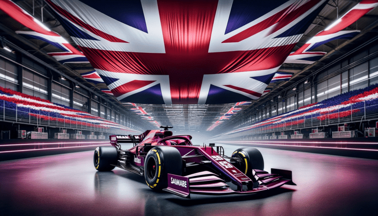 F1-bil i en lagerfabrik med brittiska flaggor (ai-genererad)