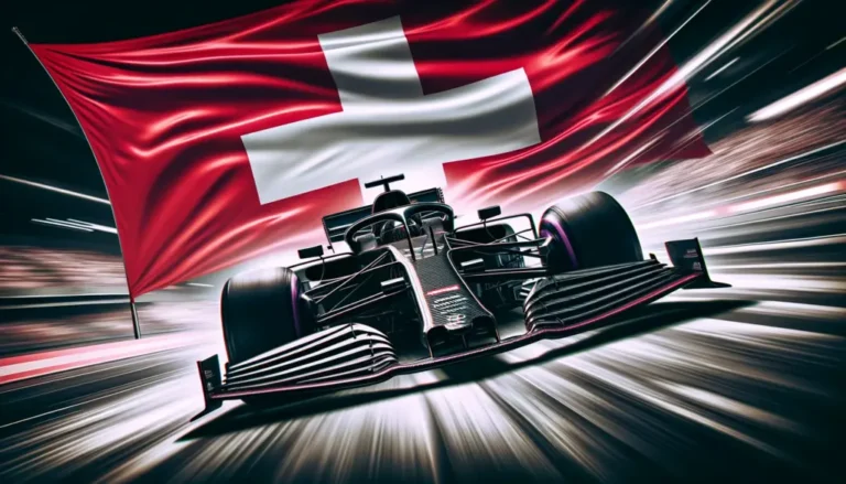 Svart F1 bil framför Schweiz flagga