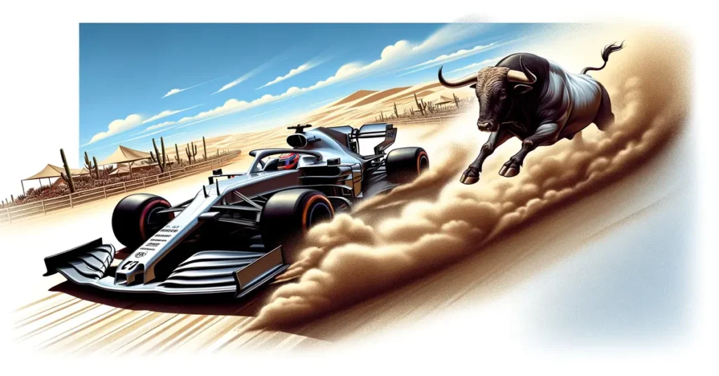 Tjur som jagar Mercedes F1 bil genom öknen. AI illustration