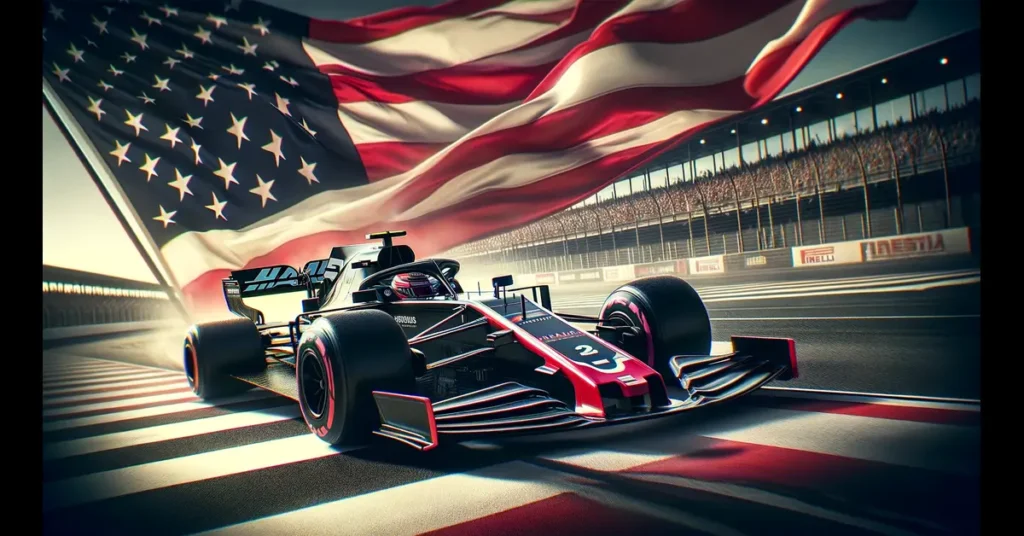 AI Illustrerad Haas bil kör förbi den amerikanska flaggan