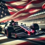 AI Illustrerad Haas bil kör förbi den amerikanska flaggan