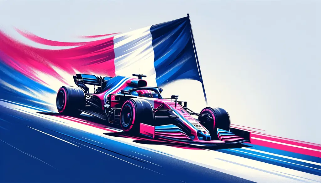 AI illustration av Pierre Gasly i en BWT Alpine bil som susar förbi den franska flaggan