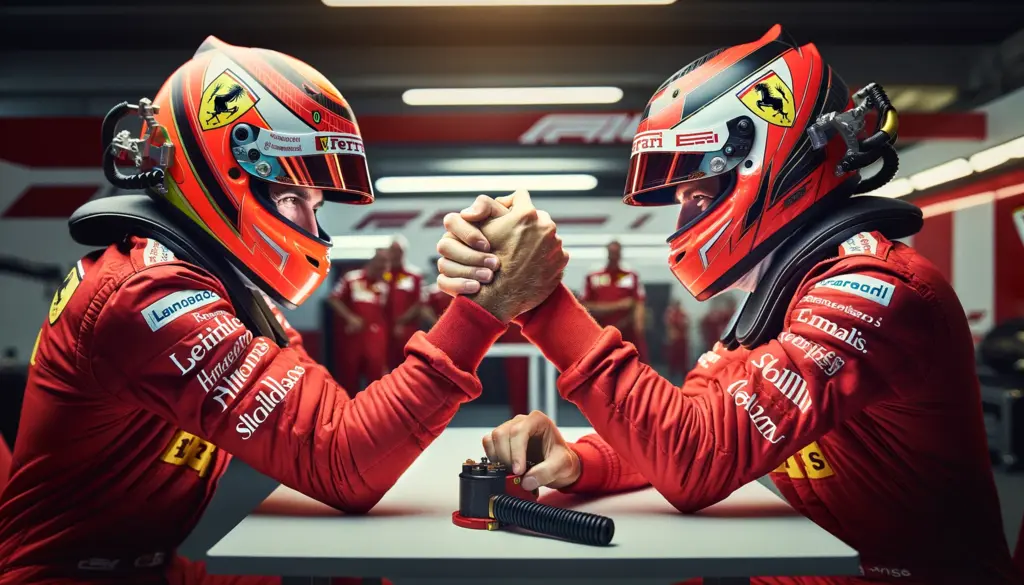 Två Ferrari-förare i armbrytning (AI Genererad bild)