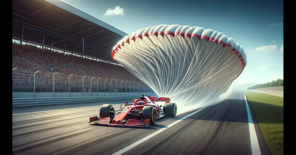 En röd F1 bil med en fallskärm som bromsar in den - AI genererad illustration
