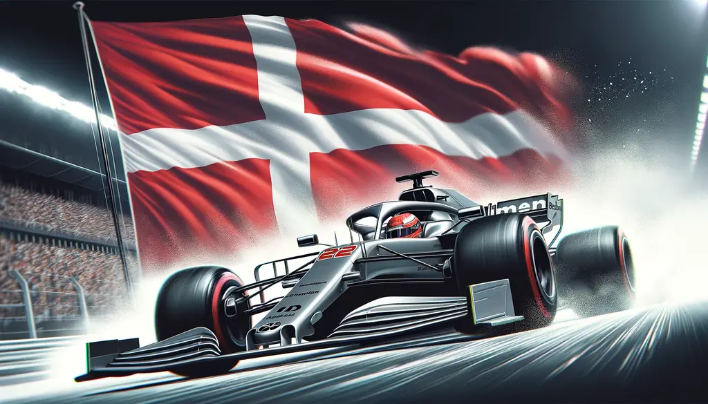 AI genererad illustration av Kevin Magnussen som kör förbi den danska flaggan