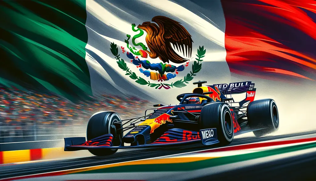 AI illustration av Sergio Perez i RB bil som kör förbi den mexikanska flaggan