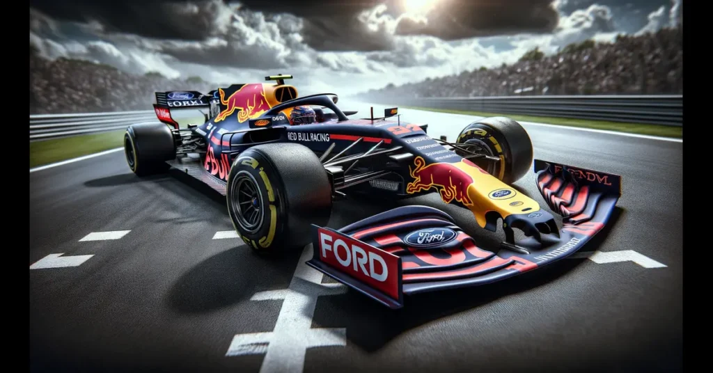 AI genererad illustration av en RB Racing bil med Ford sponsorskap