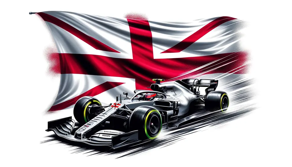 AI illustration av Russell som kör förbi den brittiska flaggan