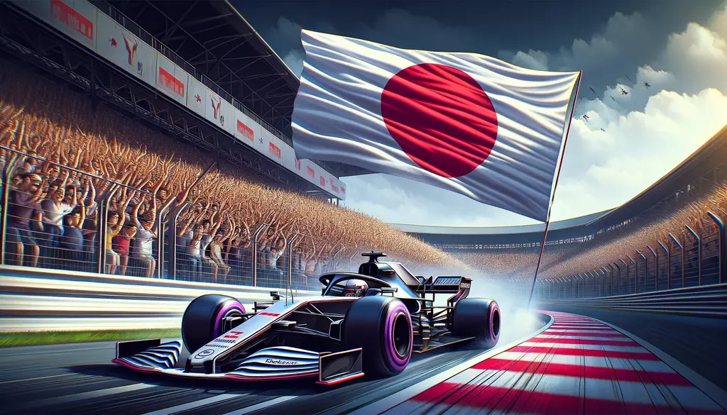 AI Genererad illustration av Tsunoda som kör förbi den japanska flaggan