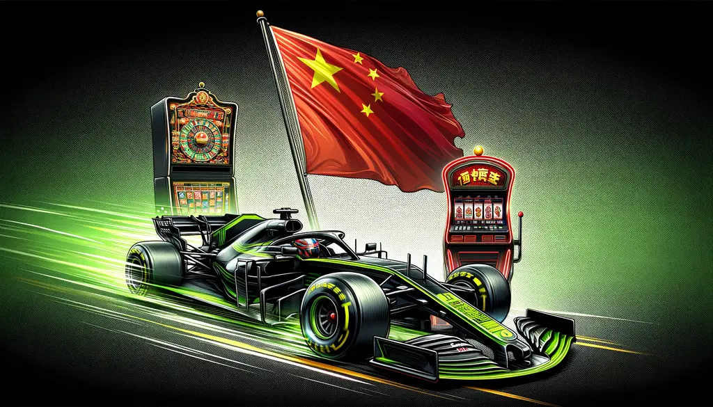 AI illustration av Zhou Guanyu som kör en Stake F1 bil förbi en kinesisk flagga och två spelautomater
