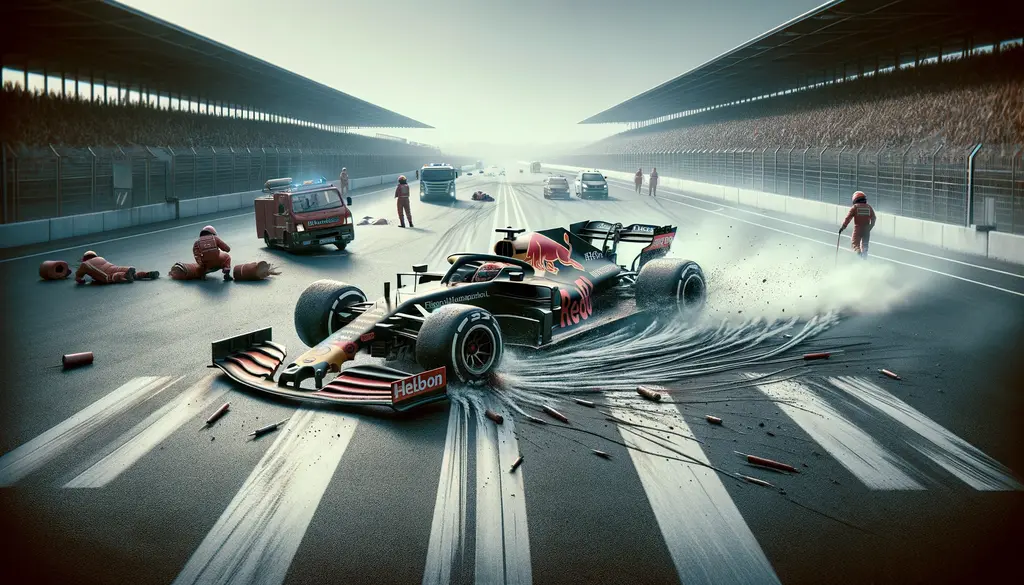 AI Genererad illustration av kraschad F1 bil på sprint