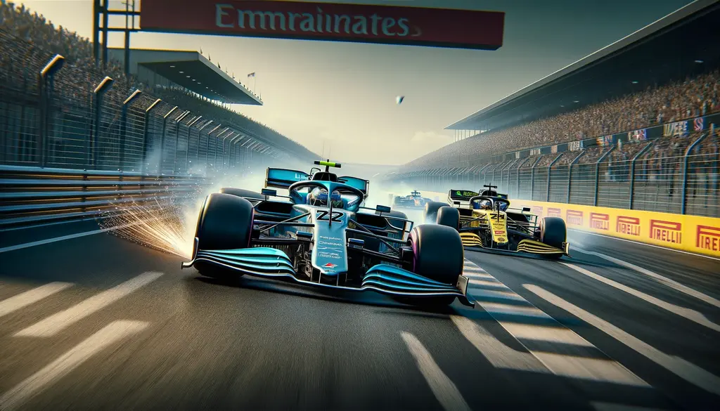 F1 bilar försöker köra om varandra på en raksträcka