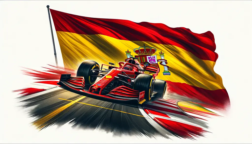 AI illustration av Sainz Jr i en Ferrari när han kör förbi en spansk flagga.