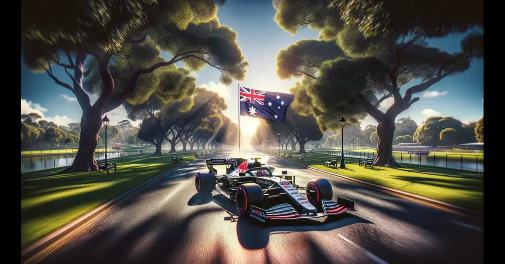 AI illustration av F1 bil i Albert Park inför F1 i Australien 2024