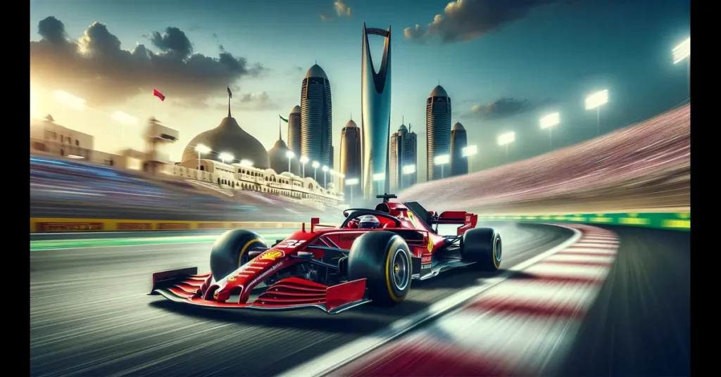 AI illustration av en Ferrari F1 bil i Saudi