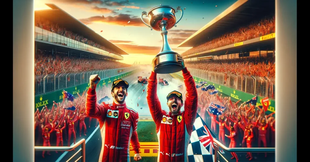 AI Illustration av två Ferrariförare som lyfter en pokal