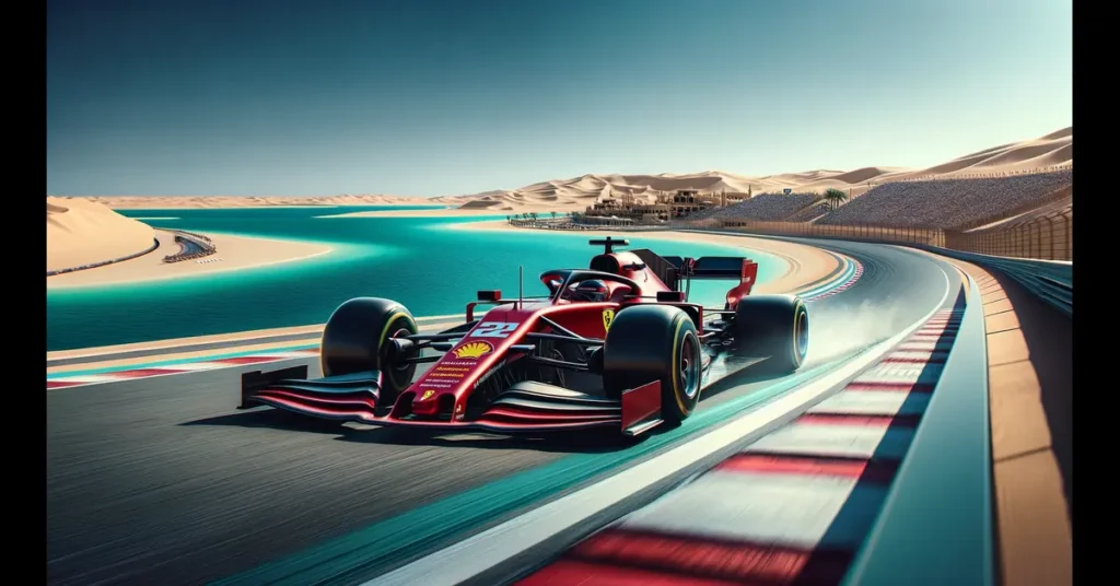 AI Illustration av Ferrari F1 bil som deltar i Saudiarabien GP 2020 längs med kusten