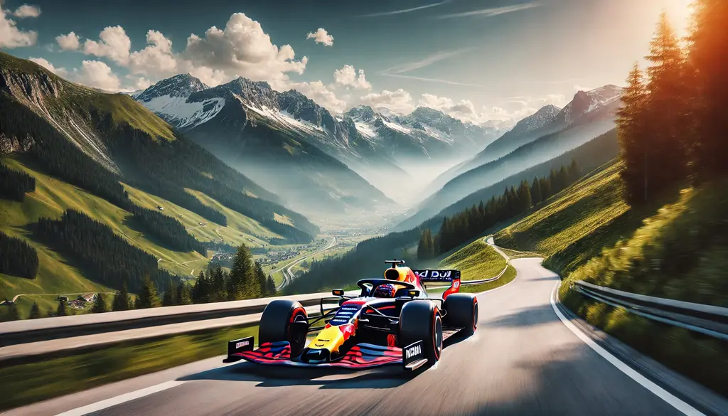 Max kör en F1 bil i Österrike. AI genererad bild