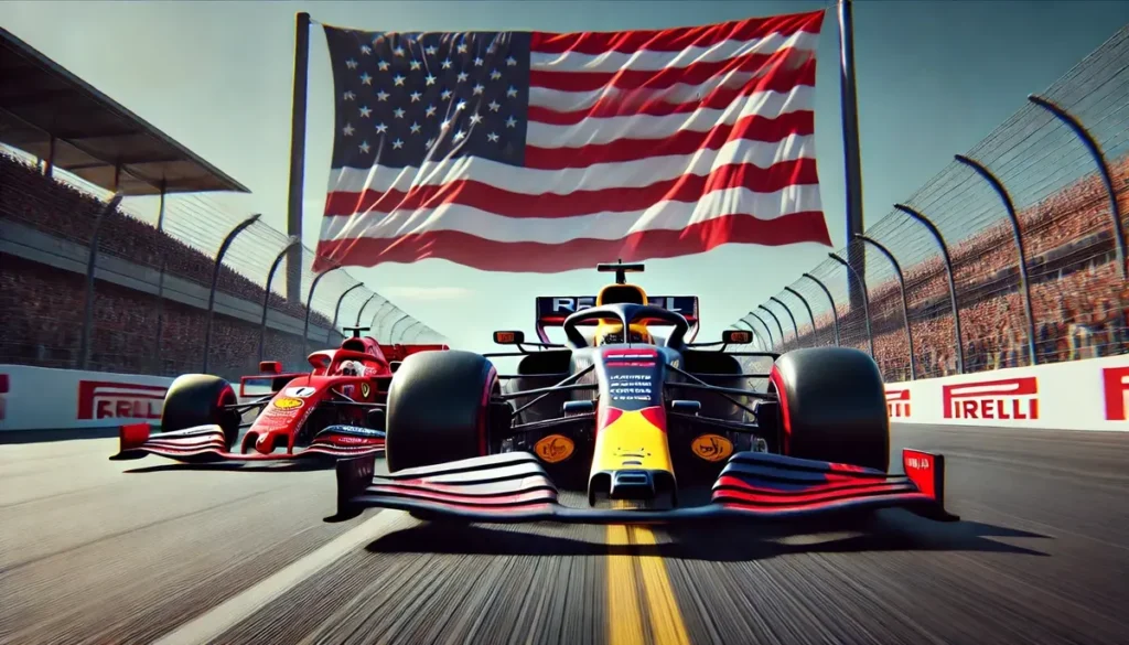 Red Bull och Ferrari framför en amerikansk flagga på COTA