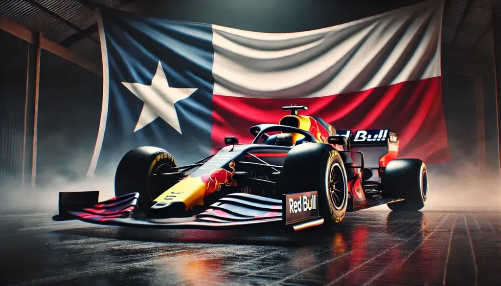 En Red Bull F1 bil framför Texas flagga