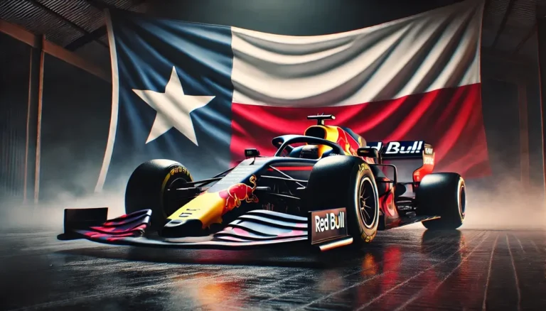 En Red Bull F1 bil framför Texas flagga