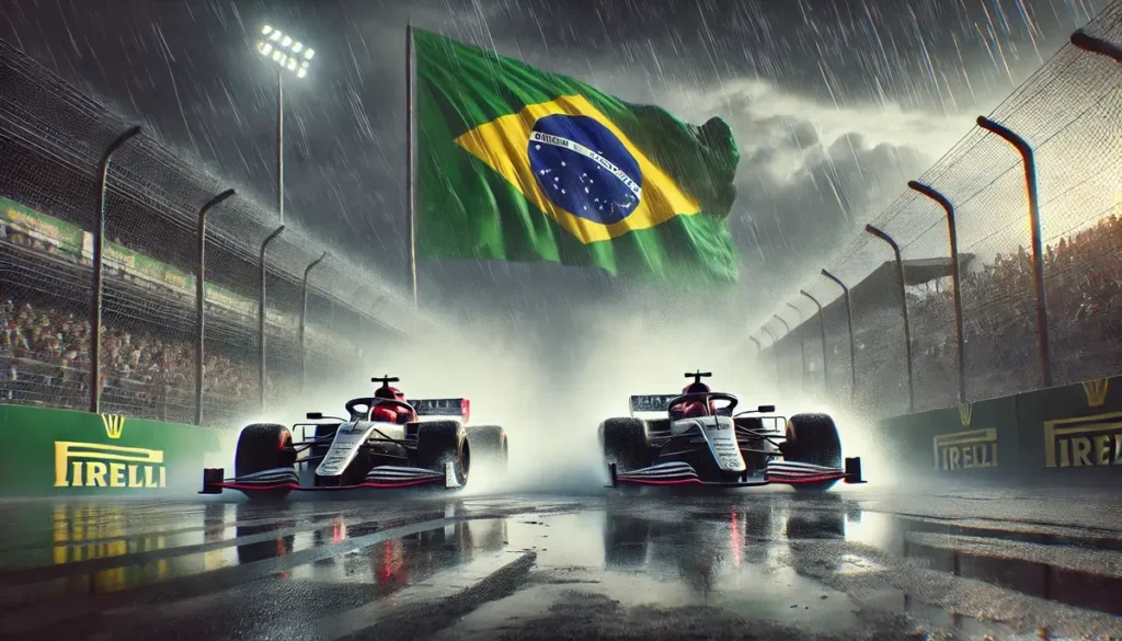 Två F1-bilar i regnigt Brasilien