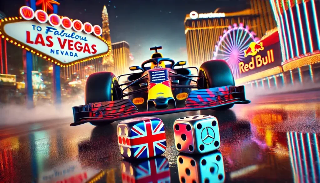 En Red Bull bil i Las Vegas bakom två tärningar med Union Jack and Mercedes logotyp